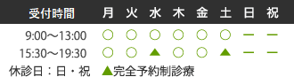 受付時間 9:00～13:00 15:30～19:30 休診日：日・祝 ▲完全予約制診療